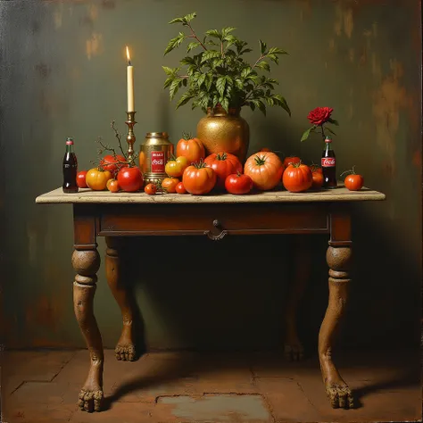surreal stilleben painting of a mysterious ancient room with a table, the table legs are human legs, on the table are luxurious ...