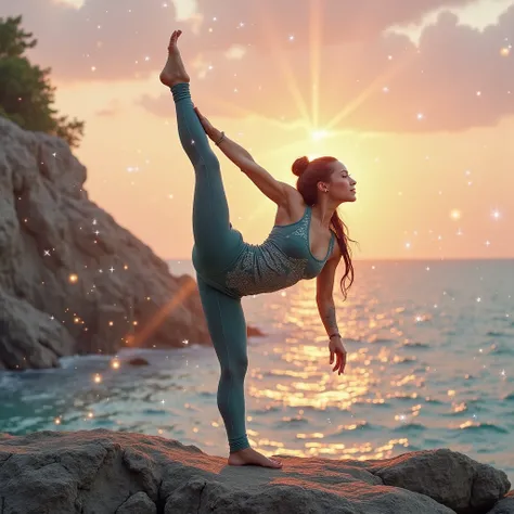 Create a striking digital artwork of a beautiful woman performing a challenging yoga pose—Scorpion Pose (Vrischikasana). She bal...