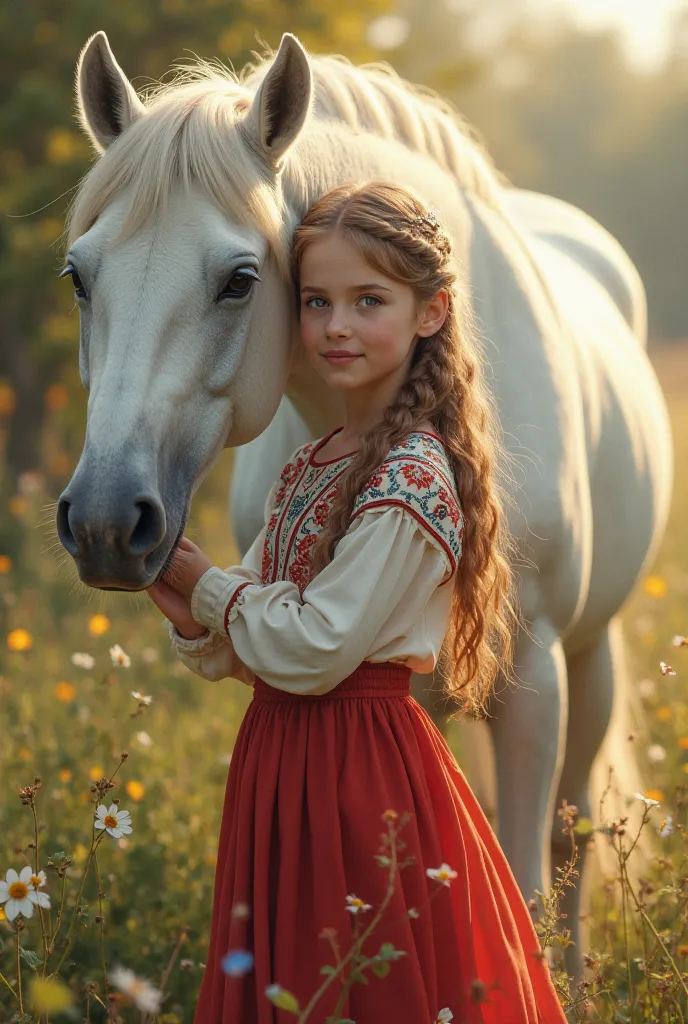 A girl in a Ukrainian embroidered shirt and a red skirt stands and hugs a white horse