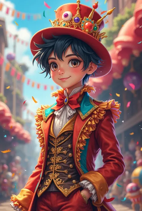 Anime male character with full carnival costume