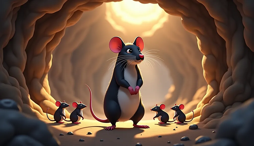 (Highest quality, masterpiece, High resolution)、4K Anime Art、Soft Light, A proud rat strutting through the burrow like a king, w...