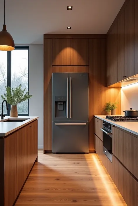 Design kitchen with gray American fridge, side window , 5-burner top kitchen and another 2-burner top, with LED lighting and wo...