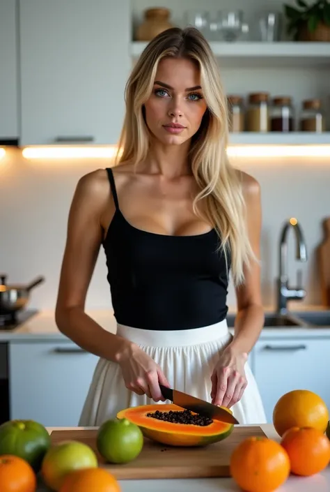 A young blond woman with fair skin and blue eyes is in a modern and sophisticated kitchen, Preparing fruit. she has long hair, ...