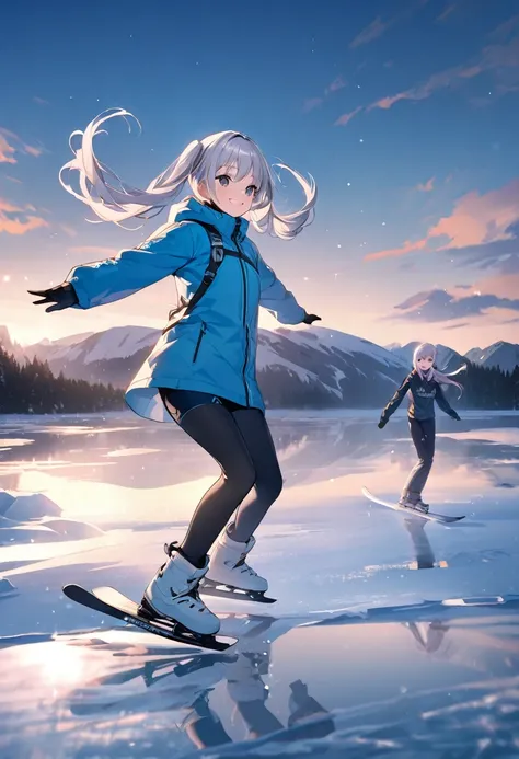long silver hair 、beautiful girl with twin tails、smile、skate on an icy lake, spin and jump gracefully 。 exterior:The silvery ha...