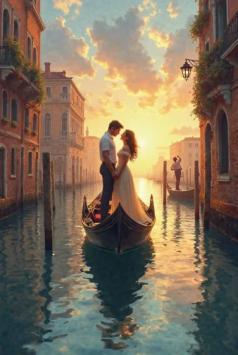The water reflects the sky’s colors as they hold hands and enjoy the serene moment. The gondolier sings softly in the background...