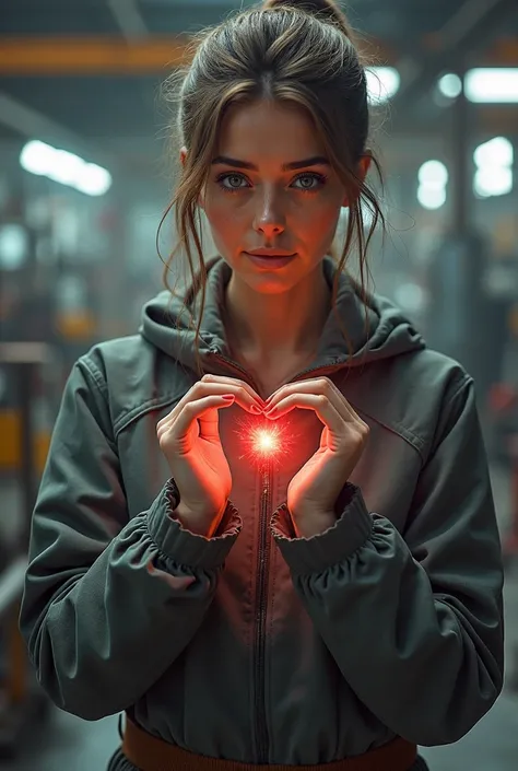 A busy woman in a factory making a heart with her hands, a photorealistic painting inspired by Ivan Meštrović, pexels contest ...