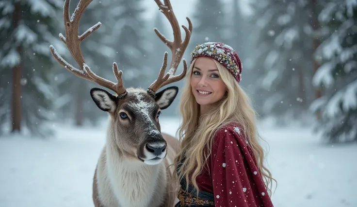 Realistic photo, high resolution, 8-degree, realistic , in Alaska winter forest, a male reindeer and a female are together, rei...