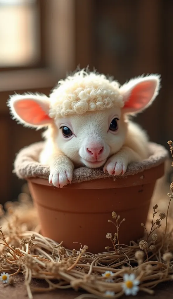 A hyper-realistic, heartwarming scene featuring an adorable baby lamb with soft, curly cream-colored fur, resting inside a simpl...