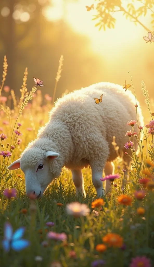 A fluffy white sheep with a soft golden glow grazes peacefully in a lush, glowing meadow filled with vibrant wildflowers. The ai...