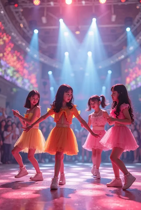 Blackpink grupo de cute&young&youthfull kpop/preschooler/(7-years-old/appearing:1.66)/kindergirls, doing a dance/challenge on st...