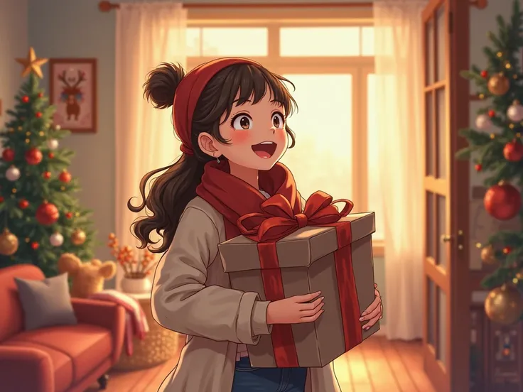 Frame 1 : Image : Cozy living room. Nora comes in with packages, used , light , looks like a happy hostess. text: “Christmas E...