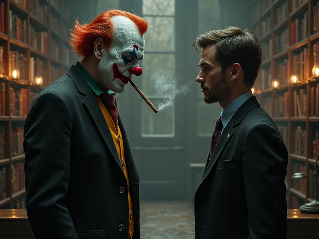 REALISTIC CLOWN IN A SUIT SMOKING CIGAR WHILE TALKING TO A SAD YOUNG MAN IN A LIBRARY IMAGE IN HIGH QUALITY AND ULTRA REALISTIC ...