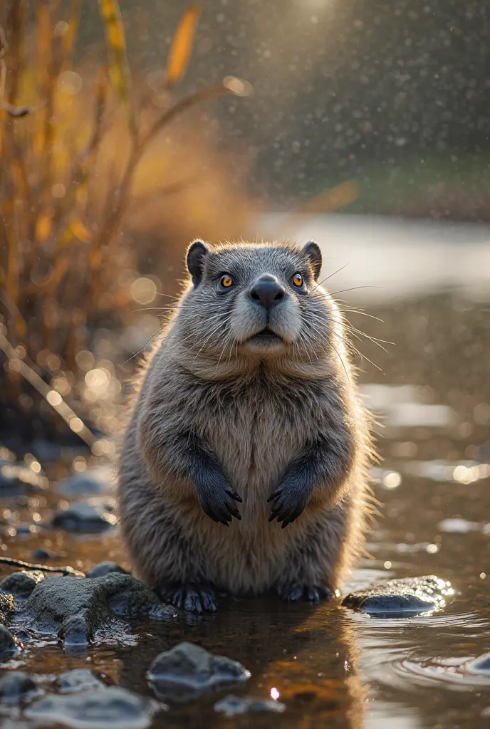 A young beaver with silver fur and glowing yellow eyes stood by the river that was beginning to dry up. The river water looks mu...