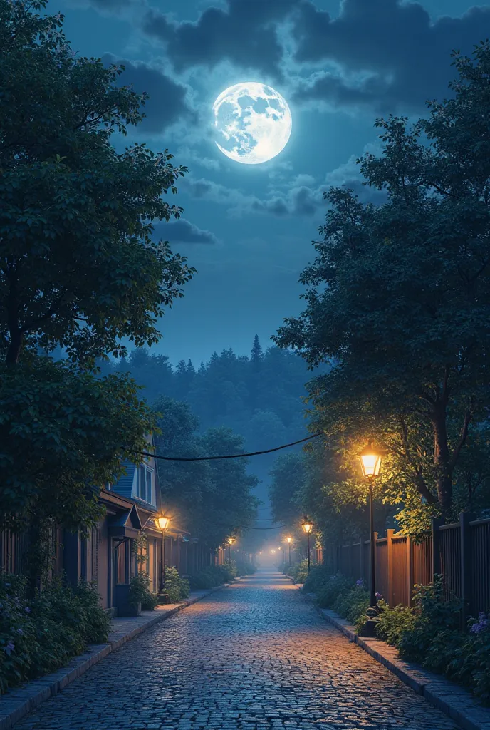 Beautiful empty street at night illuminated by the beautiful moon beautiful trees square