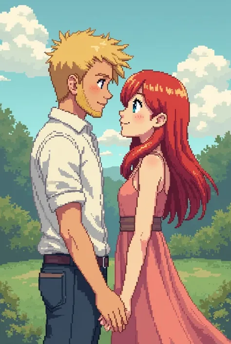 Create a pixel art of a couple, Like the Pokémon game graphic for Game Boy, Being the boy with blond hair and a blonde beard and...