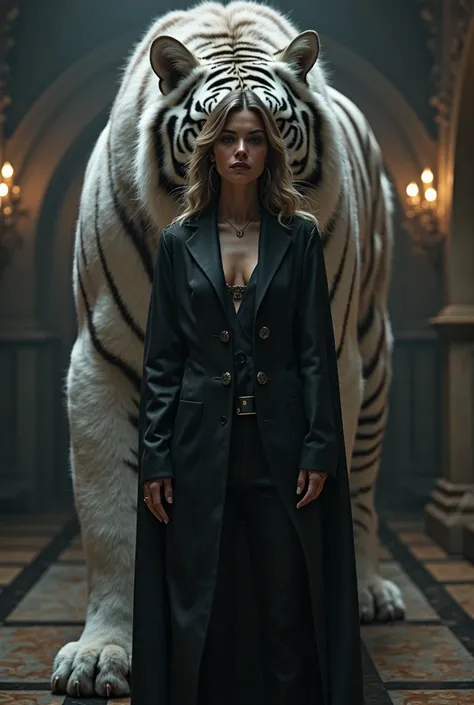 I want a picture of an Italian mafia leader wearing black and behind her a giant white tiger with huge muscles in a mysterious e...