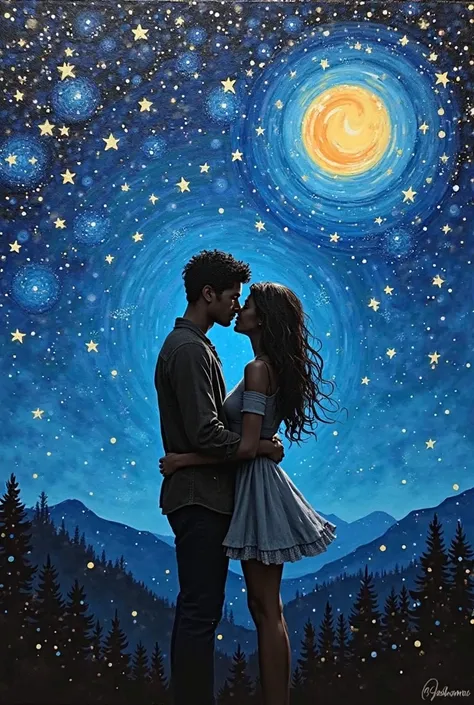painting of a couple kissing under a starry sky, an acrylic painting inspired by Vincent Evans, tumblr contest winner, process a...