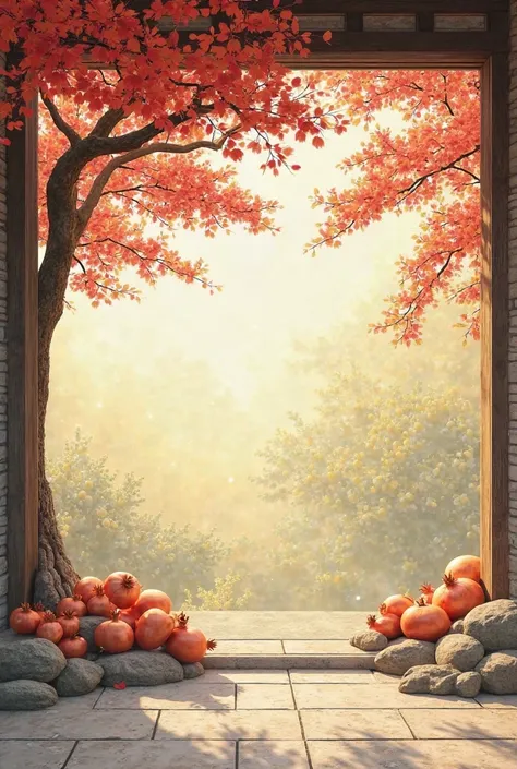 open background reminiscent of a traditional seasonal hanok yard, red pomegranate tree shadow + yellow citron orchard pattern, ...