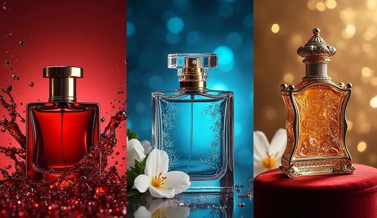 To generate an image like this, use the following detailed prompt:
"Create a visually striking triptych of three luxurious perf...