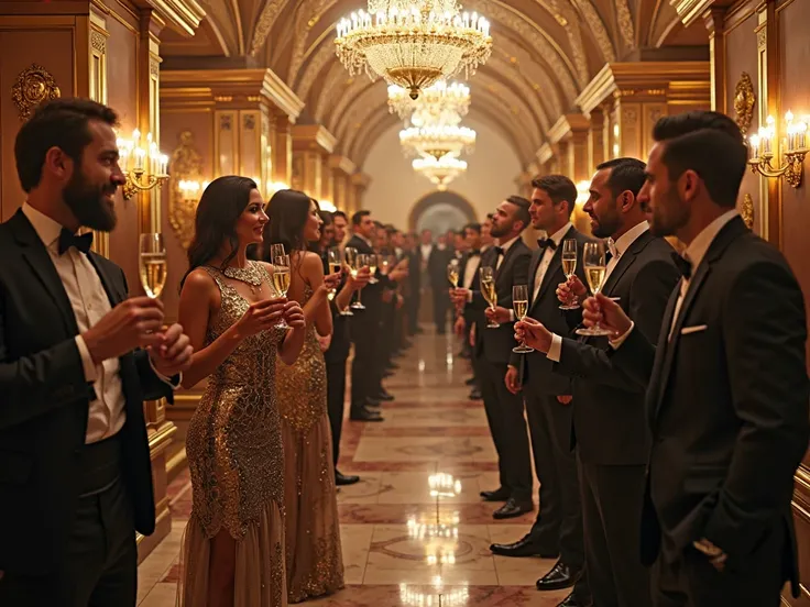 An elite party in an underground vault, champagne, expensive suits, everything glitters, high detalization