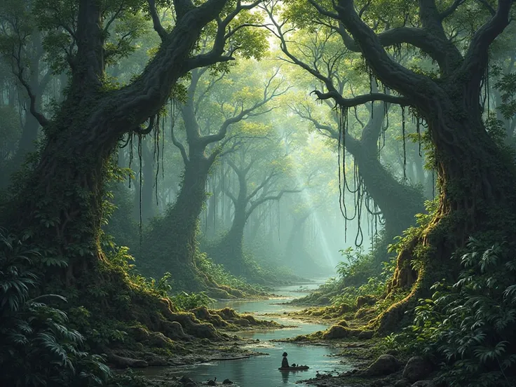 A lush dark jungle with unknown and dangerous vegetation, thorns, vines, swamp.