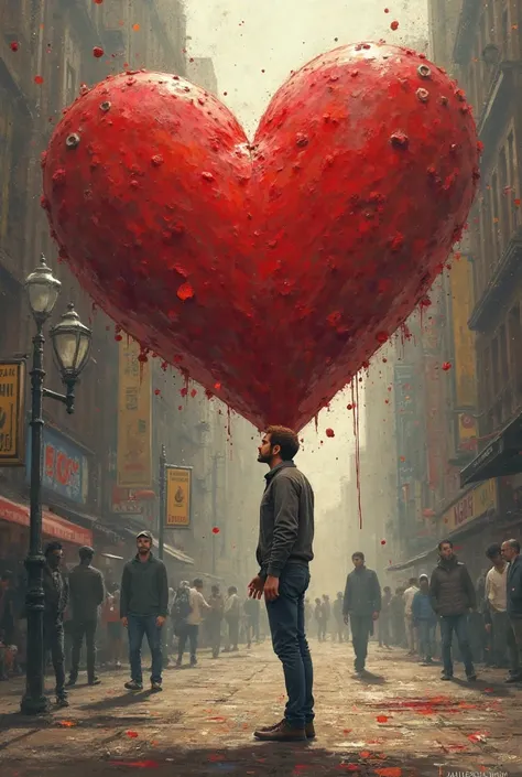A man on the street talks with his heart against him. The heart should be big and voluminous