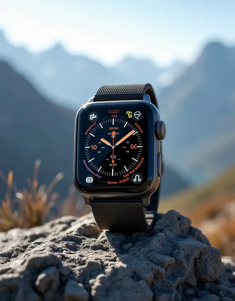 A high-end Apple Ultra Watch with a sleek titanium case, rugged design, and a bright, high-resolution display showing fitness tr...