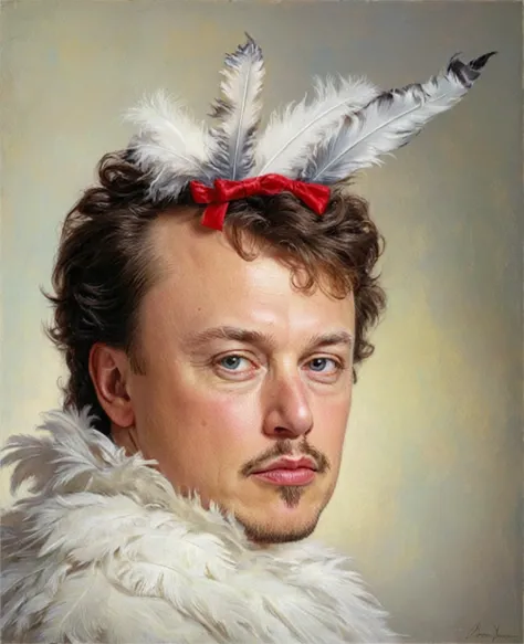 , is a man in white clothes with feathers and a red bow, andrey ryabovichev, , Elon Musk, like a musketeer, andrey ryabovichev...
