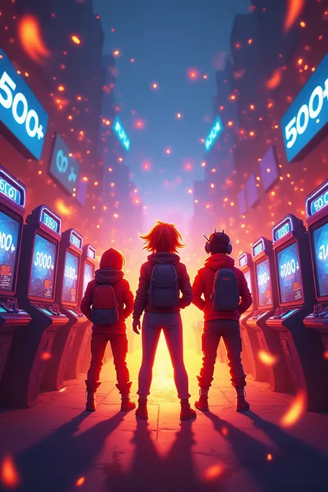 Behind the picture will be many online game machines and "500+" "500+" "500+" written. In front will be Fiery Fire Gaming Charac...