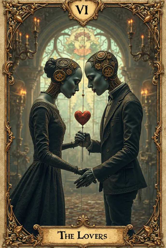 A beautifully detailed tarot card in the dark, gothic steampunk aesthetic of Lies of P. The card, titled ‘The Lovers,’ features ...