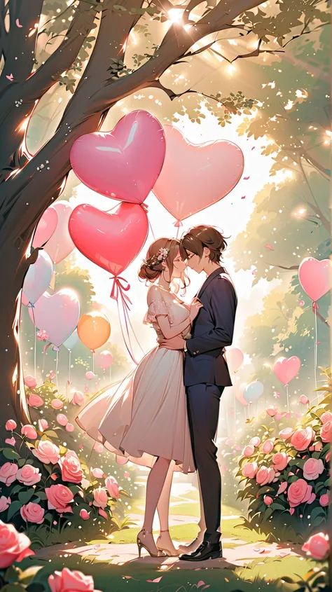 "A romantic scene of a young couple standing close together in a dreamy garden filled with blooming roses and soft sunlight. The...