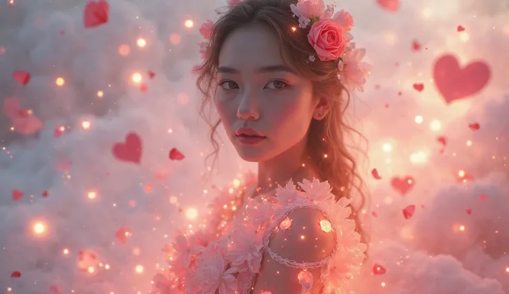Romantic picture of a sexy woman with rose Blossom Radiance. From front, a radiant pale-skinned women young adorned with glowin...