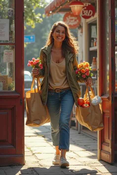 A woman came out of the store with the bags of food