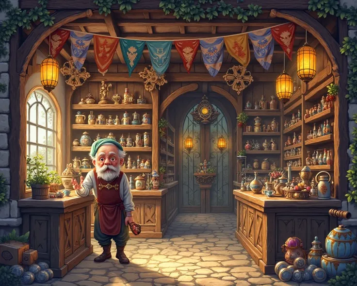 Give me an illustration of a medieval toy store with a resolution of 1920x1080
