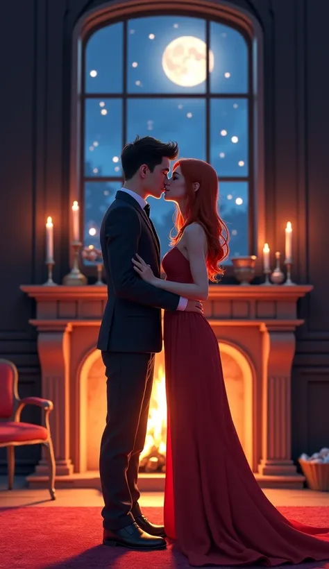 Redo Of Healer, Flare Arlgrande Jioral and Norn Clatalissa Jioral kissing in front of a fireplace, in a cottage, a red carpet on...