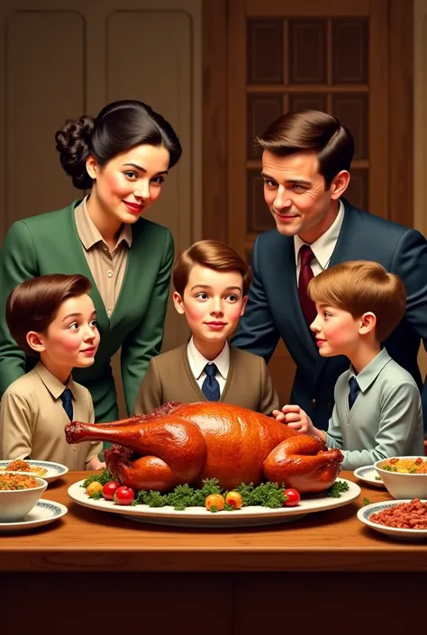 Family from the 60s of 4 people having roasted meat on a table for lunch