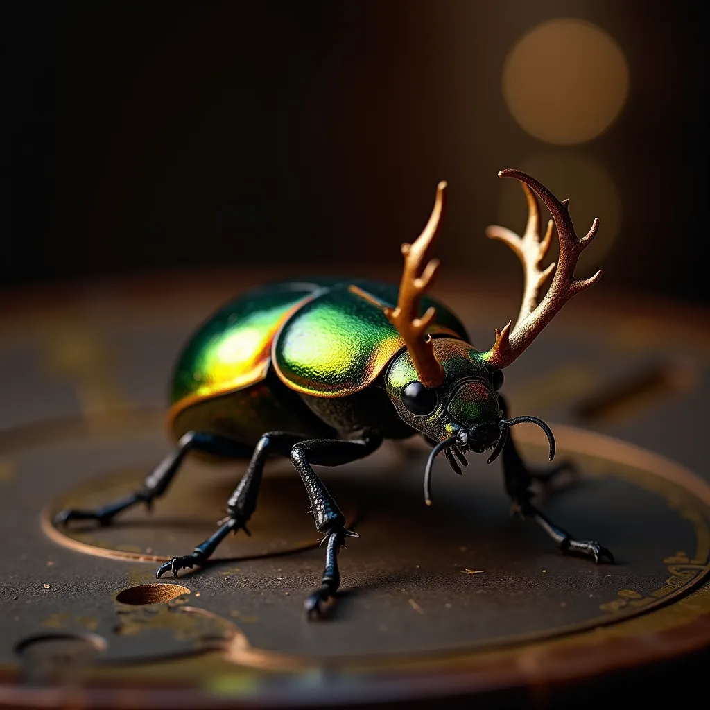 Ultra-realistic macro photography of an exotic stag beetle with iridescent green and gold exoskeleton, detailed mandibles and le...