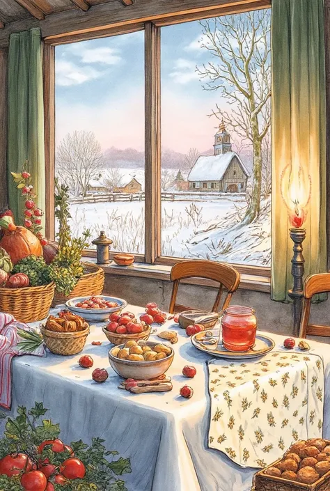 A watercolor still life in wet-on-wet technique, depicting Lenten foods for Great Lent on a wooden table with a pristine white l...