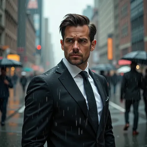 rich 30-year-old man on the street in the rain close to the camera