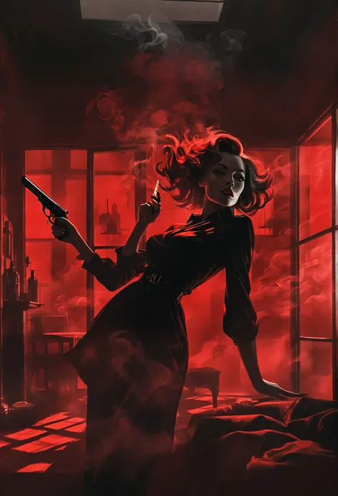 noir scene seen from high, black artwork of red high contrast, woman layed down, woman with pistol pointing at viewer, cigar on ...