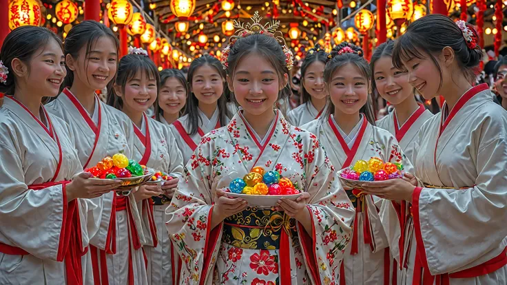 A joyful young girl celebrating Hinamatsuri, holding colorful hina-arare sweets in her hands, surrounded by a vivid and cheerful...
