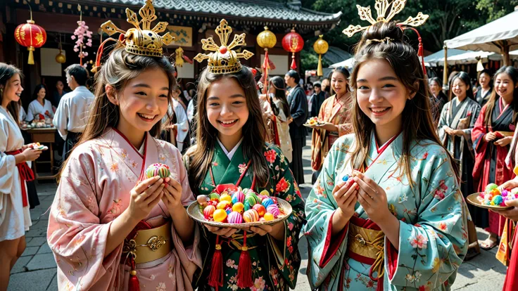 A joyful young girl celebrating Hinamatsuri, holding colorful hina-arare sweets in her hands, surrounded by a vivid and cheerful...