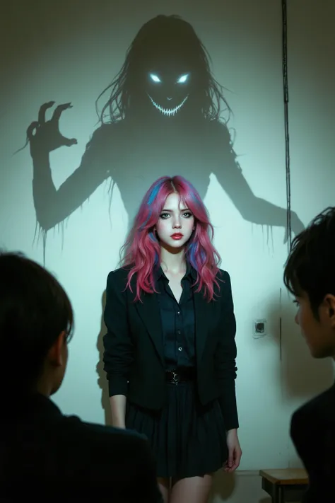 A hyper-realistic depiction of a mysterious transfer student standing before her new class, introducing herself with an enigmati...