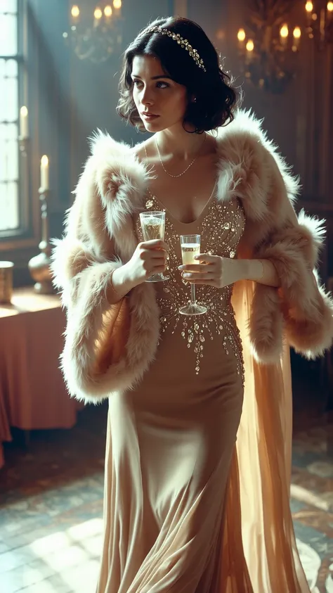 A stunning brunette British aristocrat in a luxurious 1920s evening gown, standing gracefully in an opulent ballroom bathed in g...