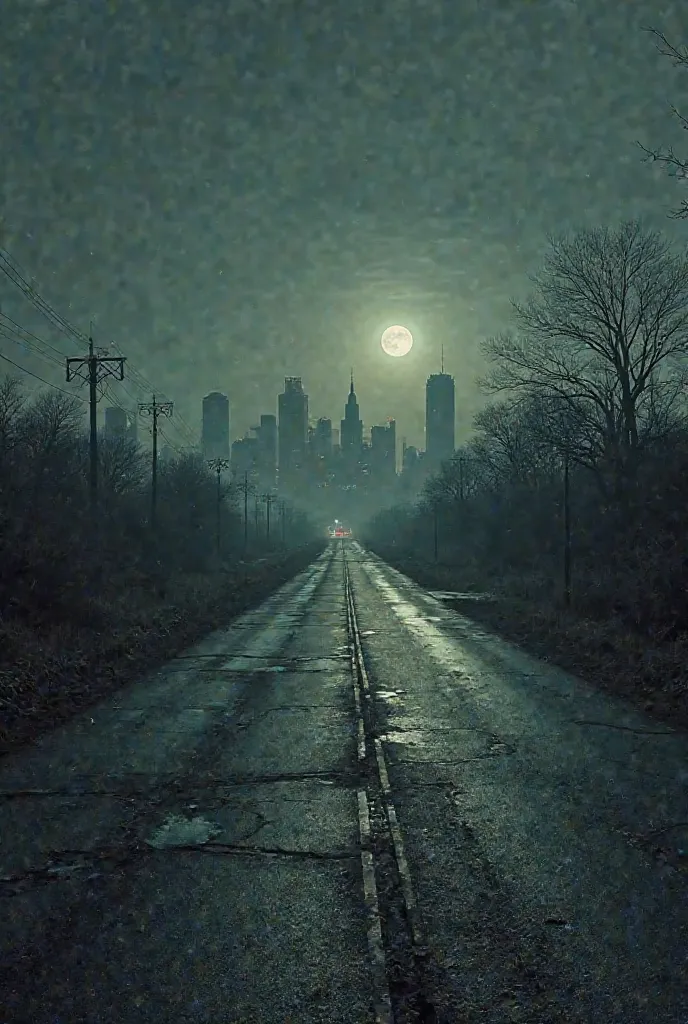 Make a picture of a night city like a forgotten lying camera took it right from the edge of a highway with no cars