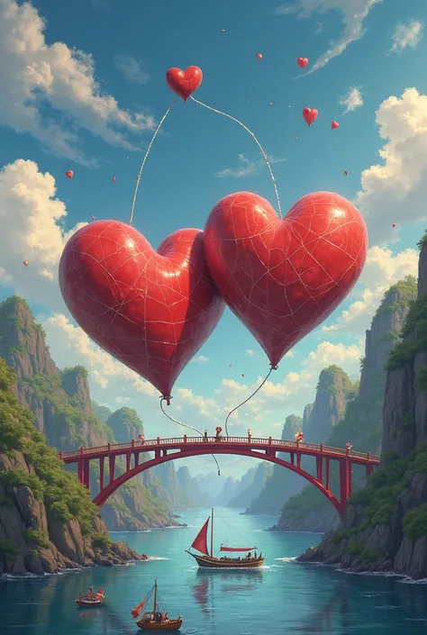 Two hearts in the air transforming into dreams. Behind there is a bridge with spider webs that says APPICS and a boat crossing f...