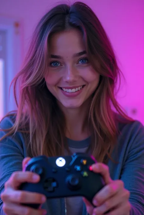A stunning, real-life young woman with striking blue eyes and a bright, confident smile, holding a modern Xbox-style game contro...