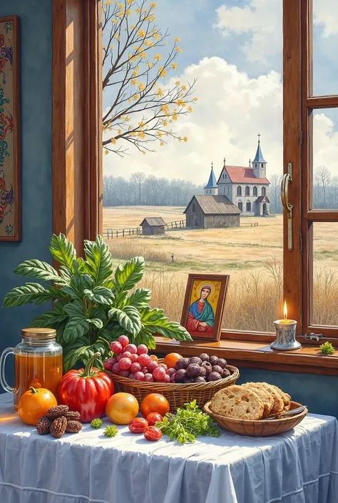 A watercolor still life in wet-on-wet technique, depicting Lenten foods for Great Lent on a wooden table with a pristine white l...