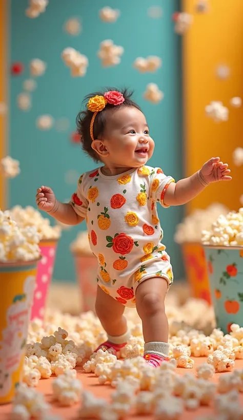 A baby in creative flower and fruit outfits and dancing in a place with several popcorn on the floor , He is happy he has severa...