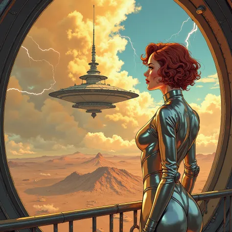 Cute woman with short curly auburn hair in a silver and gold jumpsuit staring out window of a floating city held aloft by a fut...